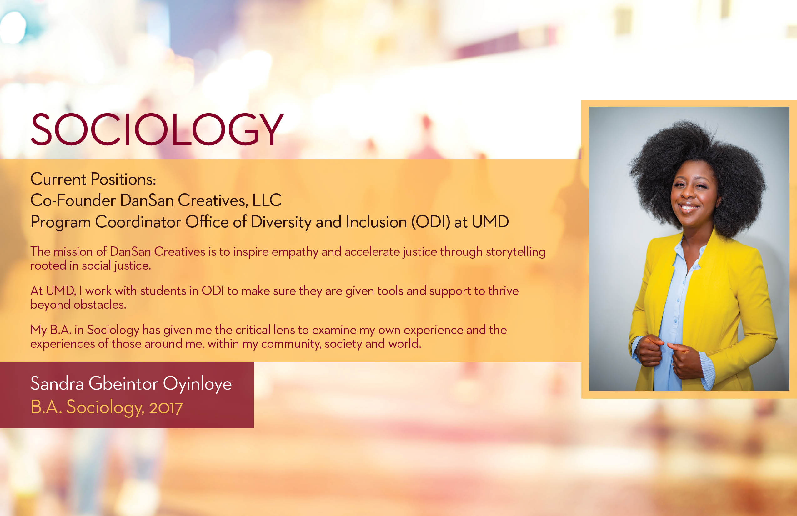 blurred background with gold text box with Maroon text and a photo of Sandra Gbeintor Oyinloye