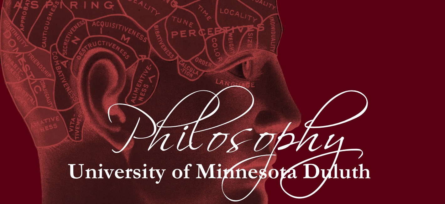Labeled Phrenology head in light maroon framed in a dark maroon color block in the foreground reads: Philosophy, University of Minnesota Duluth.