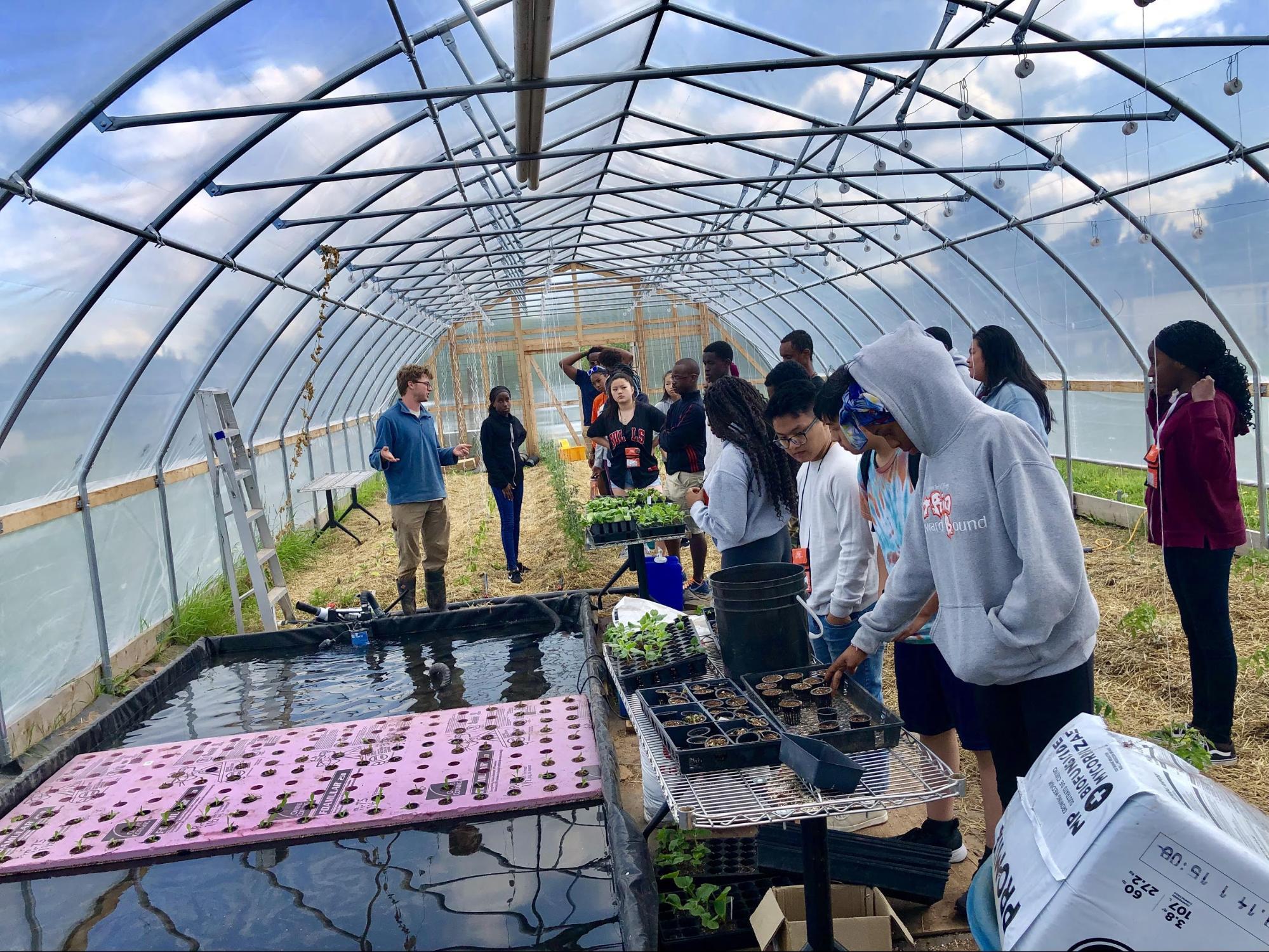 A group of students in a greenhouse.