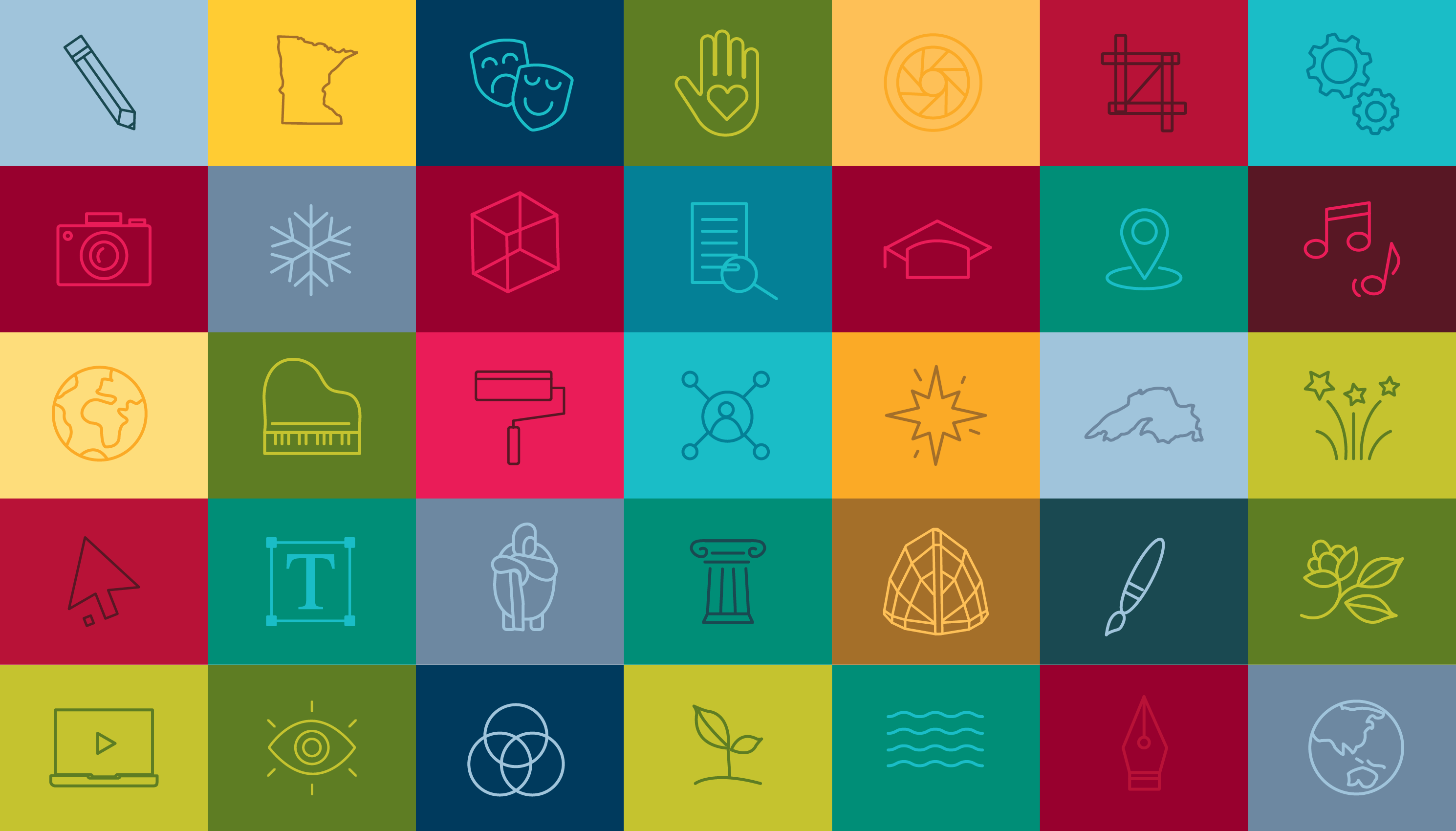 colorful grid graphic with iconography that depicts the various areas of study within the College of Arts, Humanities, and Social Sciences