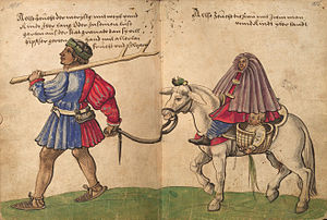Image of a man pulling a horse ridden by a woman