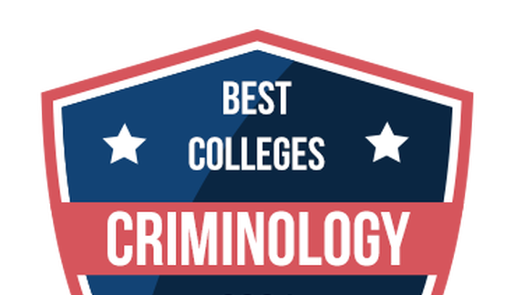 Blue and red badge with stars and text "Best colleges Criminology 2021 best value schools"