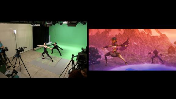 A side-by-side duo of images. On the left, two actors in front of a greenscreen. On the right, the animated image based on the actors' poses. 