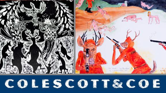 Colescott & Coe exhibition title and animal paintings