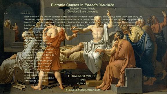 Renaissance scene of men gathered around Socrates in various states of response of indifference, to shame, to shock, to reverence.