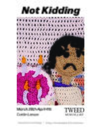 image of artists invite for Not Kidding featuring crochet person with frown