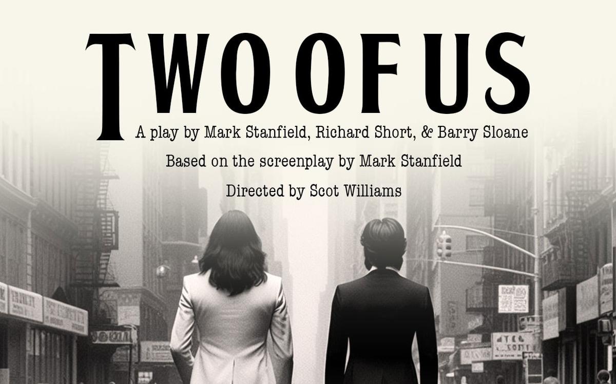 A graphic image featuring two men resembling John Lennon and Paul McCartney seen on a city street from behind. Text reading "Two of Us" is overlaid.