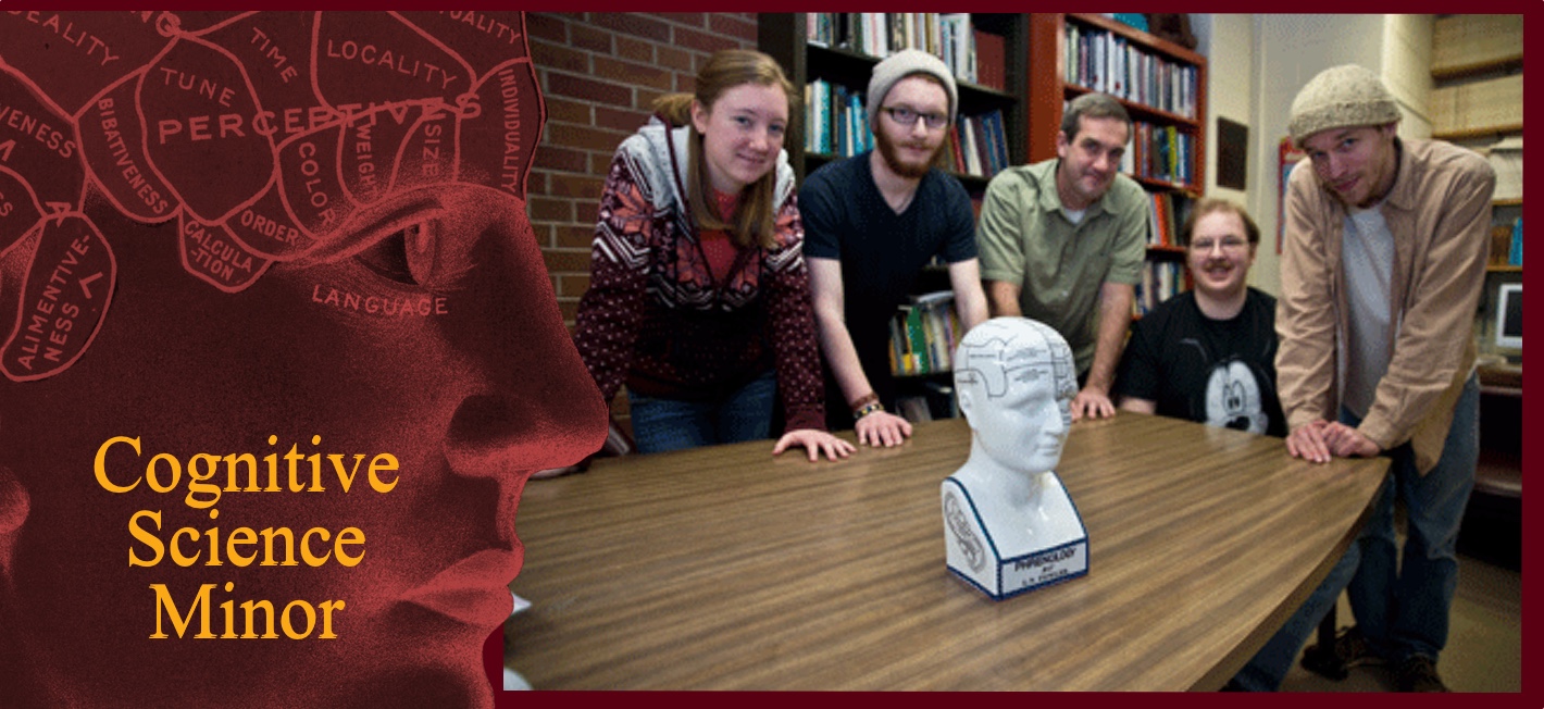 Image of one woman and five men gathered at a table around a phrenology head framed by a phrenology head in a red motif and the words "Introduction to Cognitive Science."
